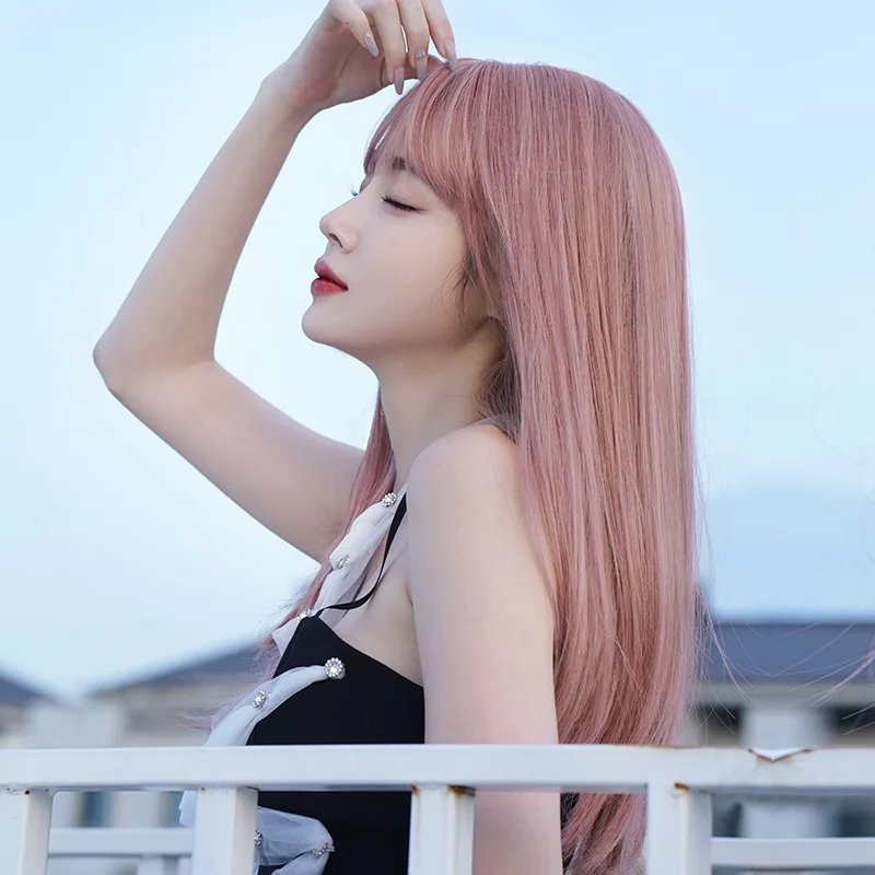 Women's , full head style, internet celebrity long straight hair with air bangs, pink , fashionable wig - view 2