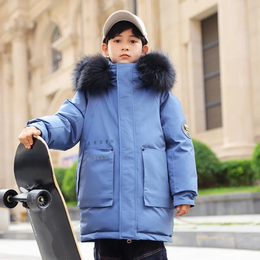 Winter New Duck Down Thermal Coat Boys Royal Blue Fashion Clothes Middle Children Hooded Down Jacket Natural Fur Collar A1965