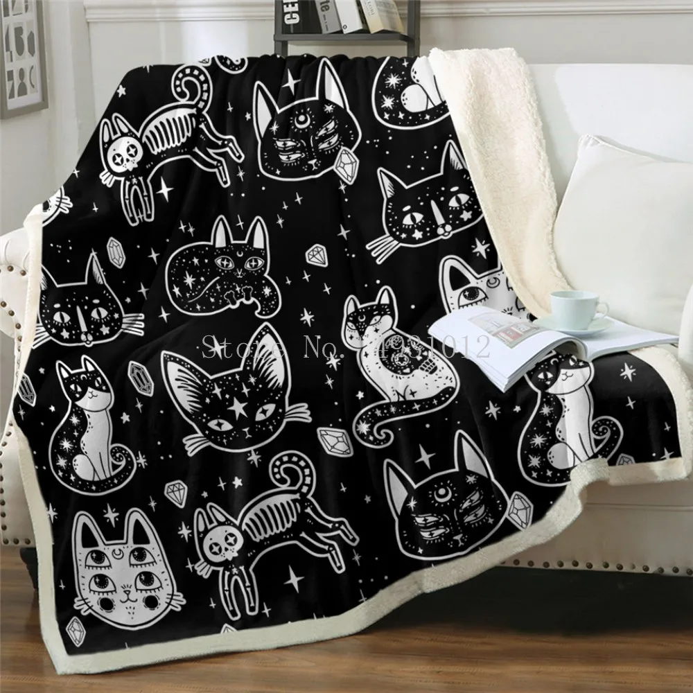 Kids Adult Gifts Paradises Black Cat Plush Blanket Witchcraft Magic Bedding Moon Stars Blankets For Beds Egyptian Cat God Custom