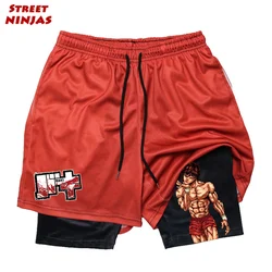 Pantalones cortos de compresión de Anime Baki Hanma 2 en 1 para hombres, pantalones cortos de gimnasio atléticos, secado rápido, elásticos, deportes de verano, Fitness, entrenamiento, correr