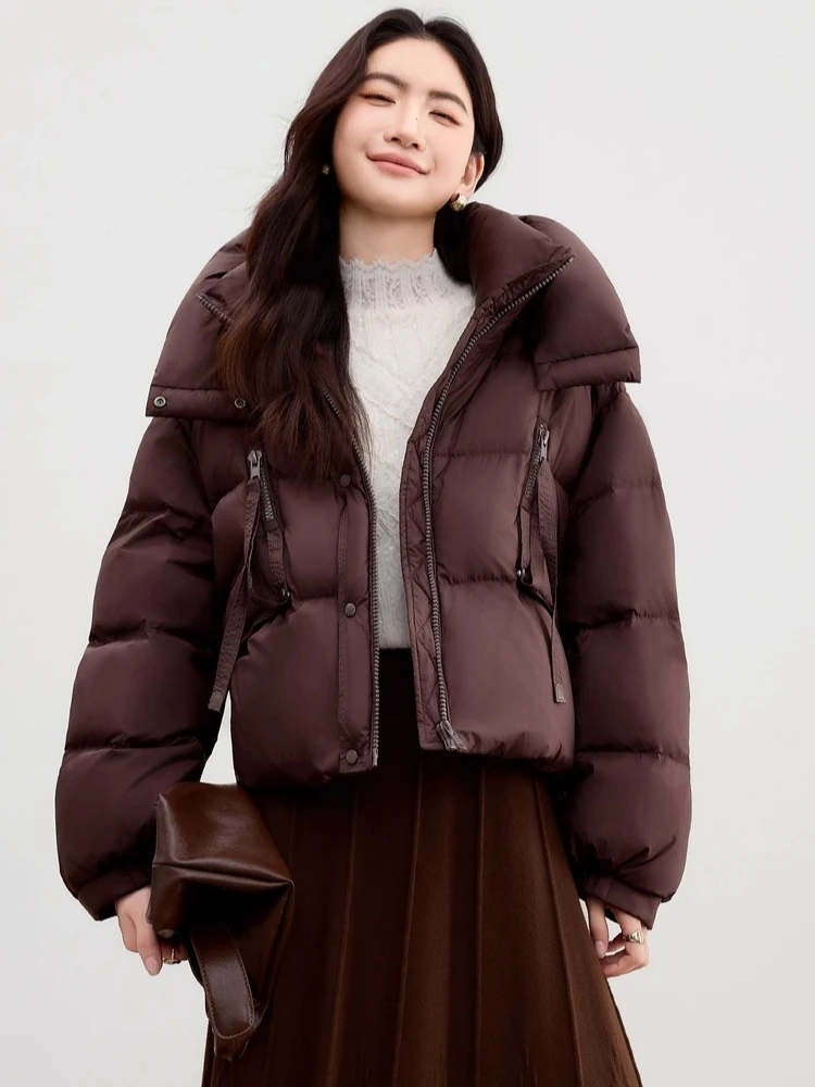 

SENTUBILA Women's 90% White Duck Down Jacket 2025 Winter New Casual Commuter Short Stand Collar Detachable Hooded Coat W54YE2035