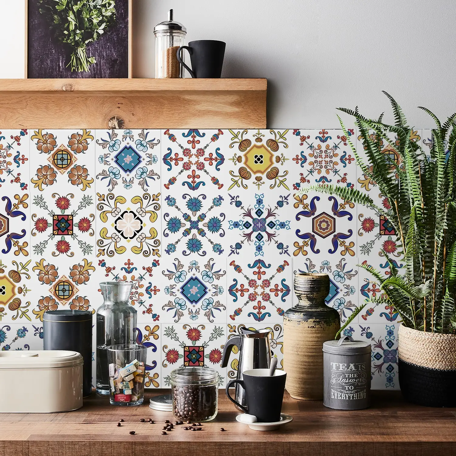 24 Pieces of Mandala Retro Pattern Glossy Self-adhesive Tile Stickers for Kitchen and Bathroom Removable Waterproof Wall Sticker