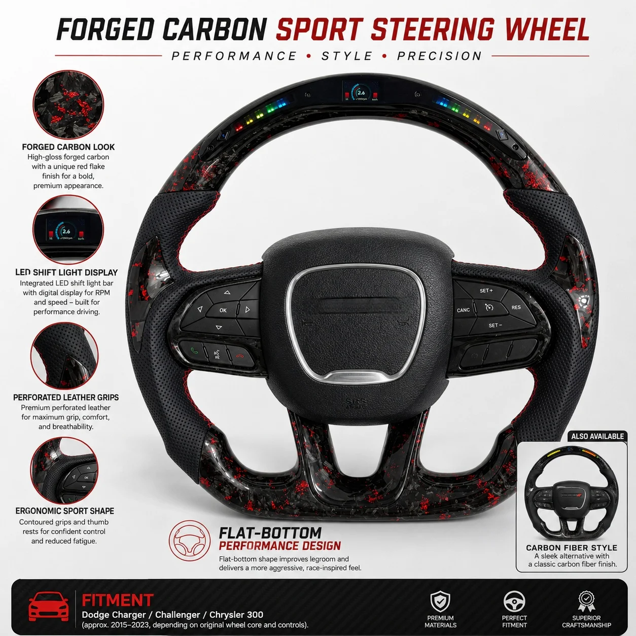 For Dodge Charger Challenger Durango 2015-2023 RT GT SRT Hellcat Black Perforated Leather Red Carbon Fiber LED Steering Wheel