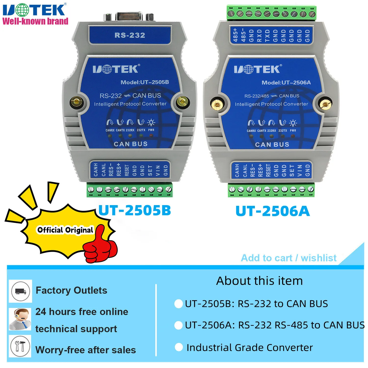 

UOTEK RS-232 to CAN BUS Converter Industrial Grade RS-485 to Canbus Adapter DB9 Connector