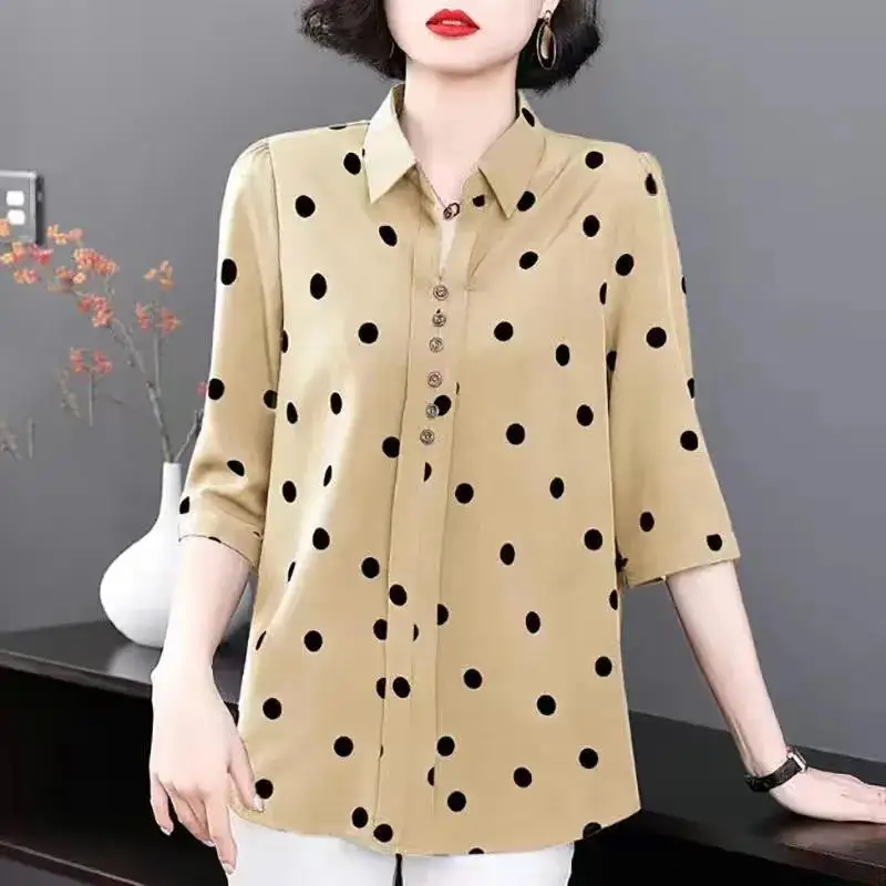 

Polka Dot Button Office Blouse Summer New 3/4 Sleeve Polo Neck Loose All-match Fashion Shirt Tops Vintage Casual Women Clothing