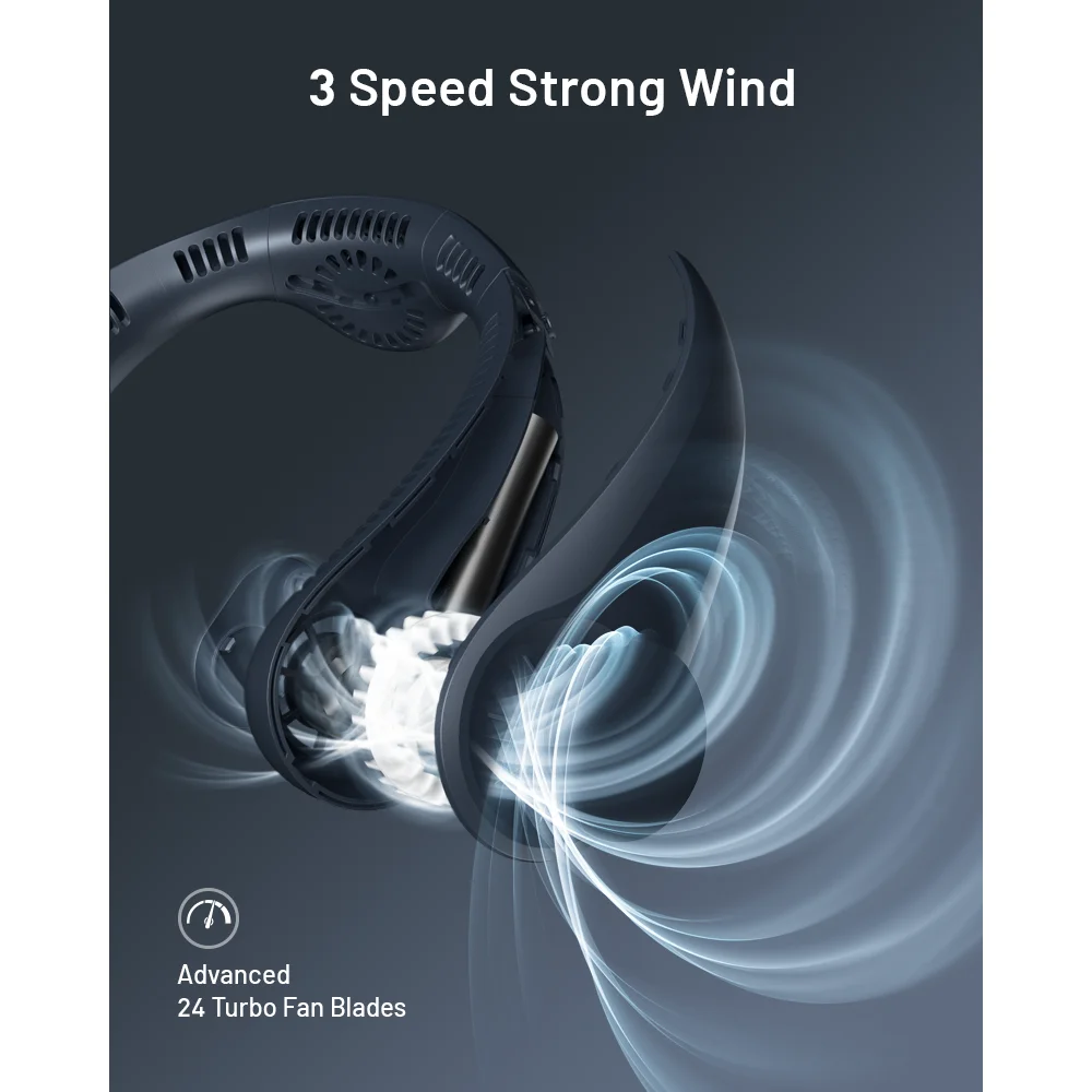 Портативный безлопастной вентилятор типа C для быстрой зарядки, многозащитный вентилятор, шейный вентилятор с тремя двигателями и воздушным охлаждением на 360°