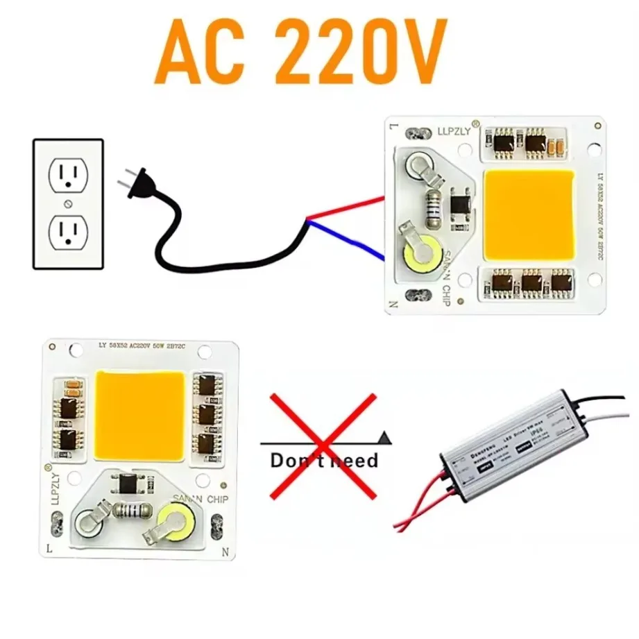 50W COB Light Source Smart IC No Need Driver AC 220V DIY Flood light LED Bulb Spotlight COB LED Chip Lamp For Outdoor Lighting