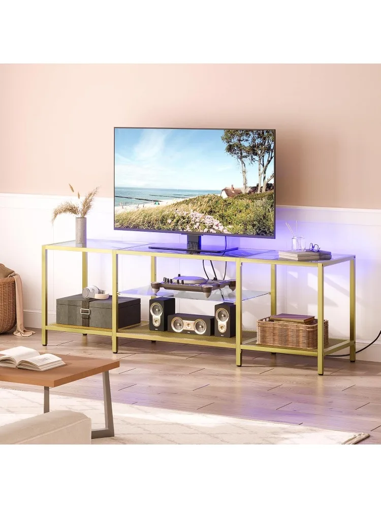 

TV Stand with LED Lights and Power Outlets for TVs up to 75", Modern 63 Inch Tempered Glass TV Console Table with Open Sh