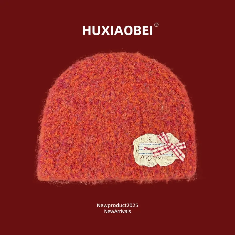 

Корейская версия вязаной шапки с кружевным бантом, милая и теплая осенне-зимняя повседневная универсальная шапка-бини с черепом для женщин