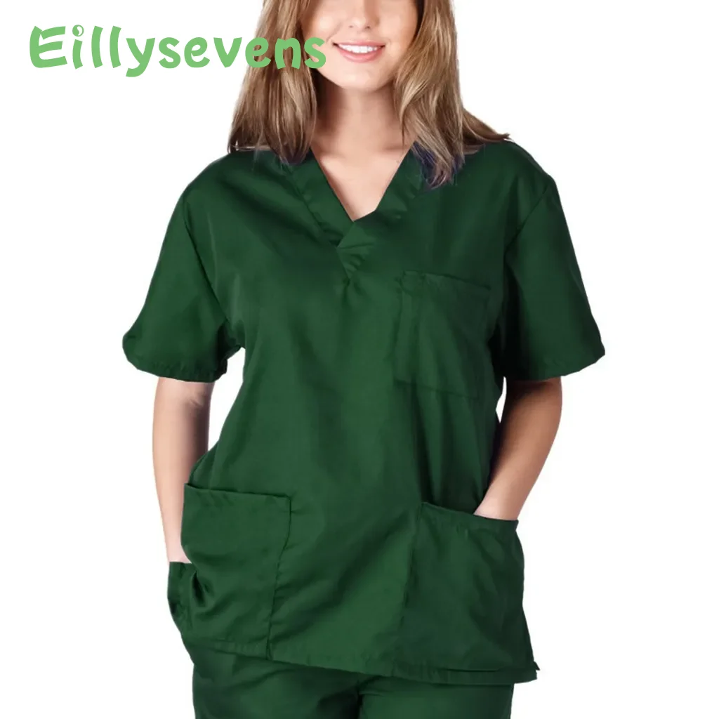 Uniforme de trabajo de médico y enfermera para mujer, bata quirúrgica Unisex con cuello en V, Top de moda, Color sólido