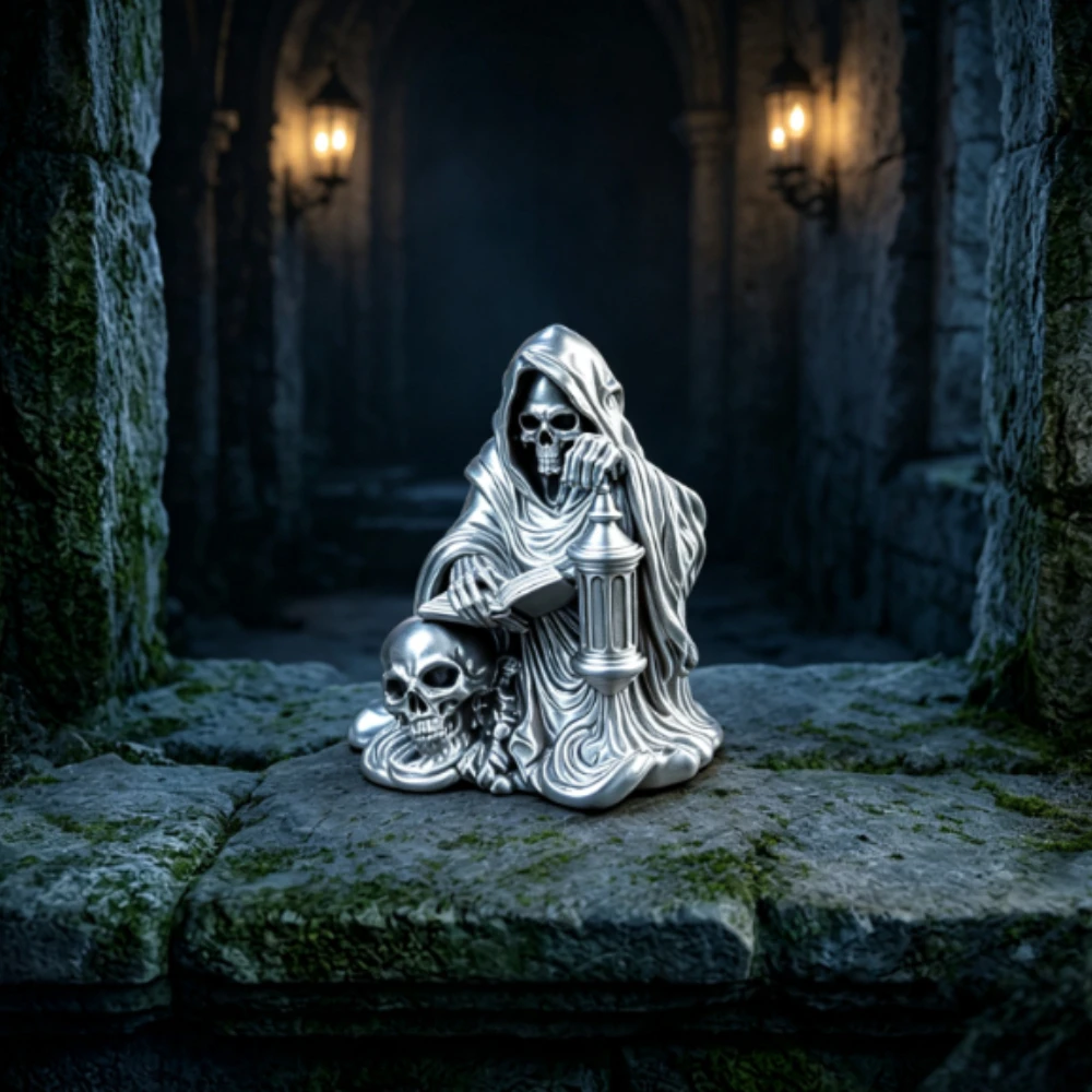 Hooded Grim Scholar Skeleton Figurine with Lantern 3D Print Gothic Desktop Ornaments Skull Halloween Dark Style Shelf Decor Gift