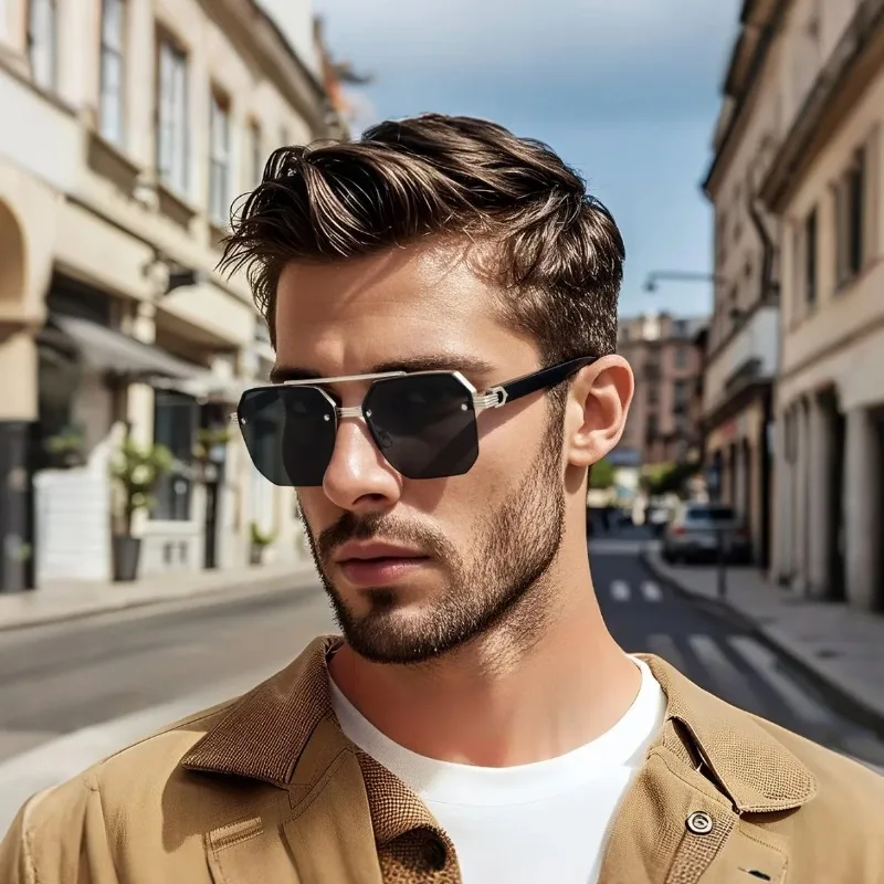 Retro Doppelbrücken-Quadratische Metall-Sonnenbrille für Herren, Modische Farbverlauf-Gläser UV400 Damen-Sonnenbrille