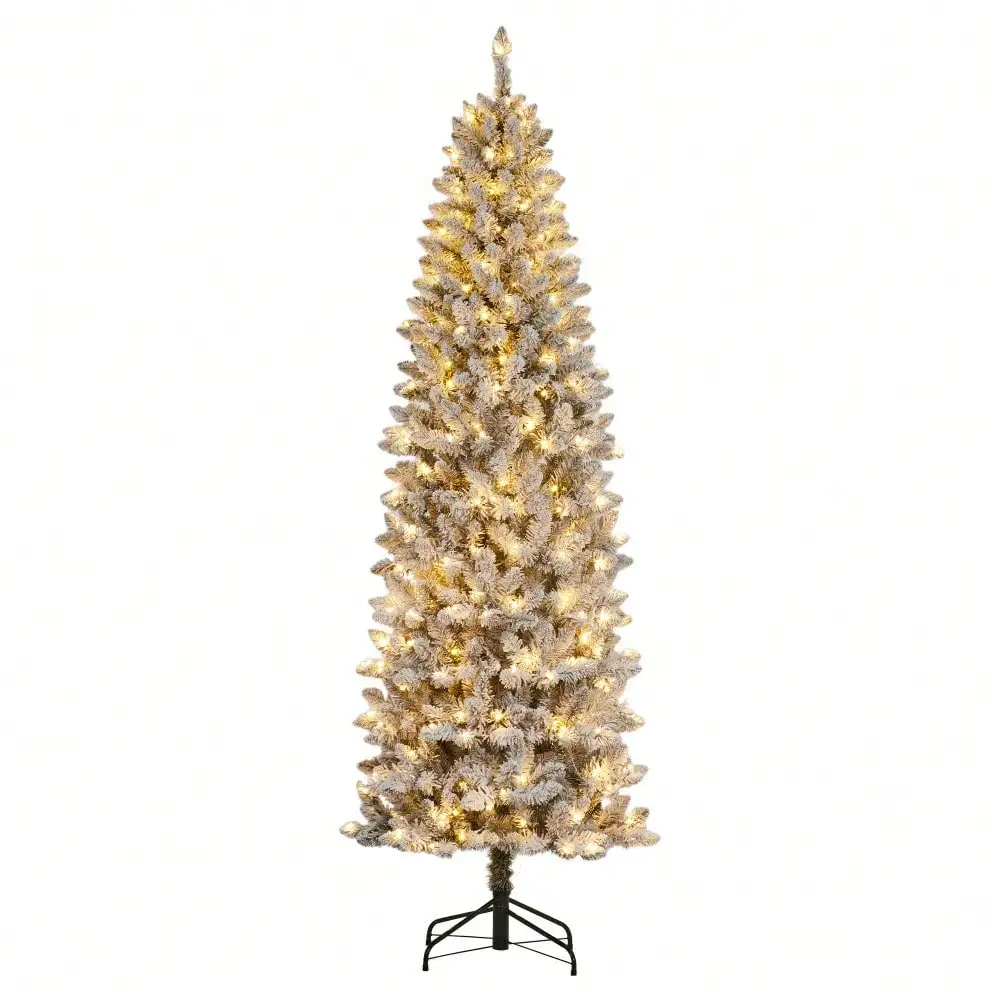 

Flocked Pencil Christmas Tree - Pre-Lit Frosted Slim Artificial Tree, Space Saving Xmas Tree Holiday Decoration For Home