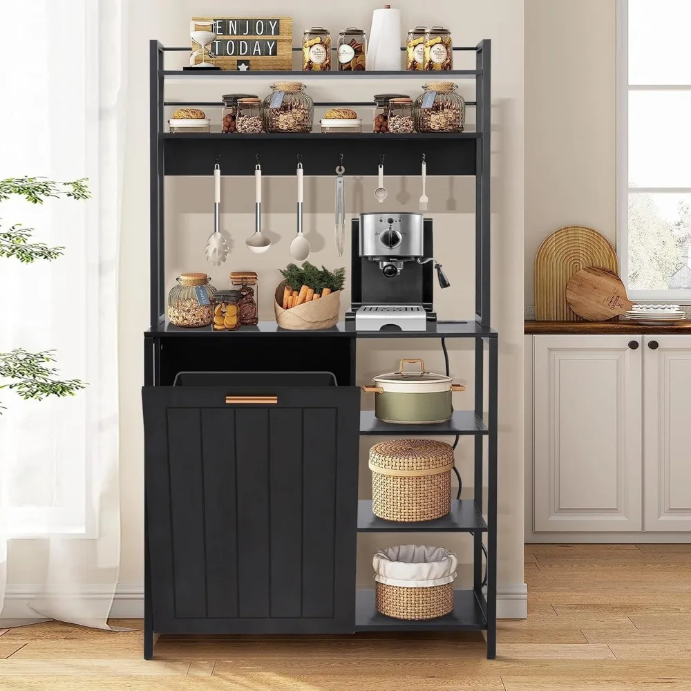

Bakers Racks Kitchen Microwave Stand Cabinet Trash Can Bin Cabinet and Power Outlet, Farmhouse Coffee Bar Table Station