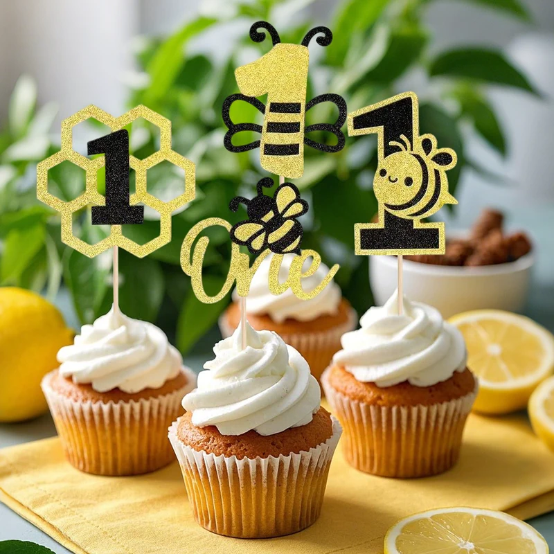 NUBECOM 24 Stück Biene-Thema-Kuchenaufsatz, glitzernde Cupcake-Aufsatz für den Weltbienen-Tag, Kuchendekoration, Baby-Dekoration zum ersten Geburtstag – Detail 1