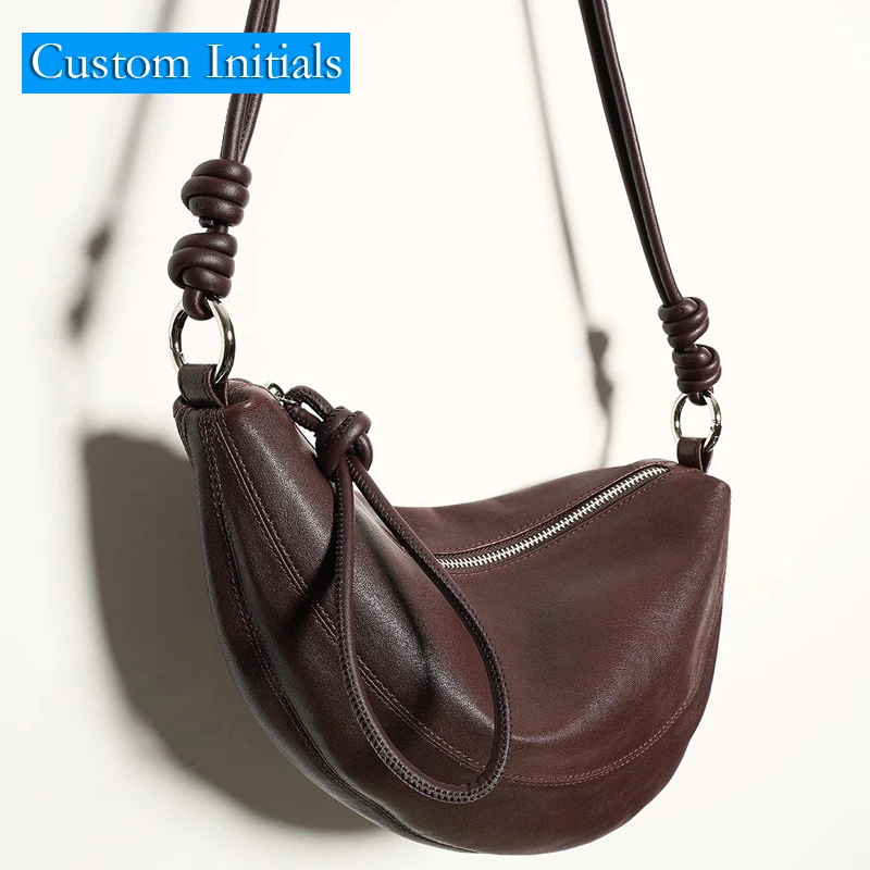 Custom Initials Genuine Leather Half Moon Bags For Women Luxury Designer Handbag And Purse 2025 New In Cowhide Underarm Shoulder