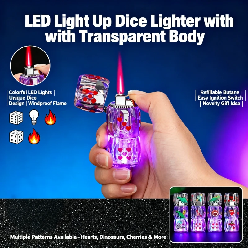

New Transparent Dice Jet Lighter - Windproof Inflatable Pink Flame, Portable Cool Smoking Gift for Gamble & Style Lovers