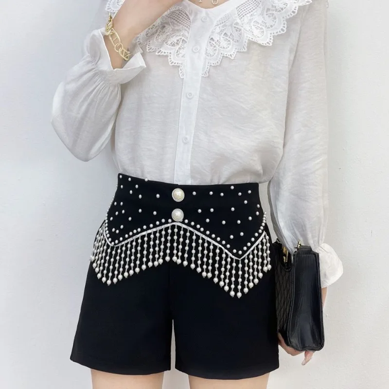 

Костюм-шорты женские летние шикарные бусины с кисточками и высокой талией для похудения черные шорты трапециевидной формы повседневные широкие шорты верхняя одежда TT888
