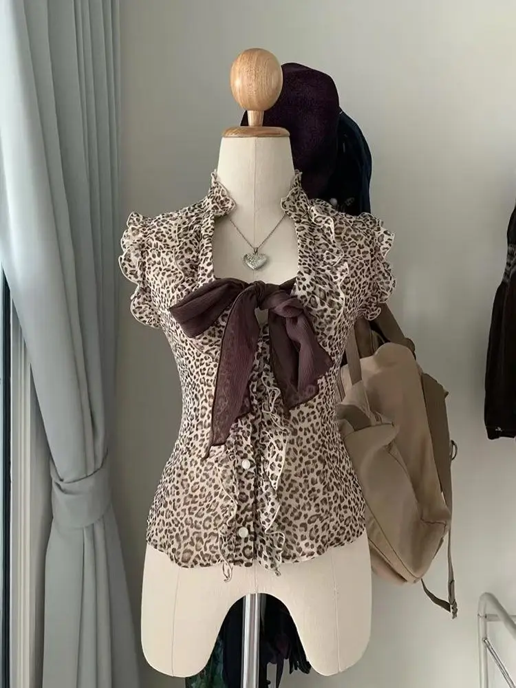 

Y2k American Vintage Short Sleeve T-Shirt Women Casual Leopard V-Neck Top Bow Bodycone Spring Summer Retro Elegant Button