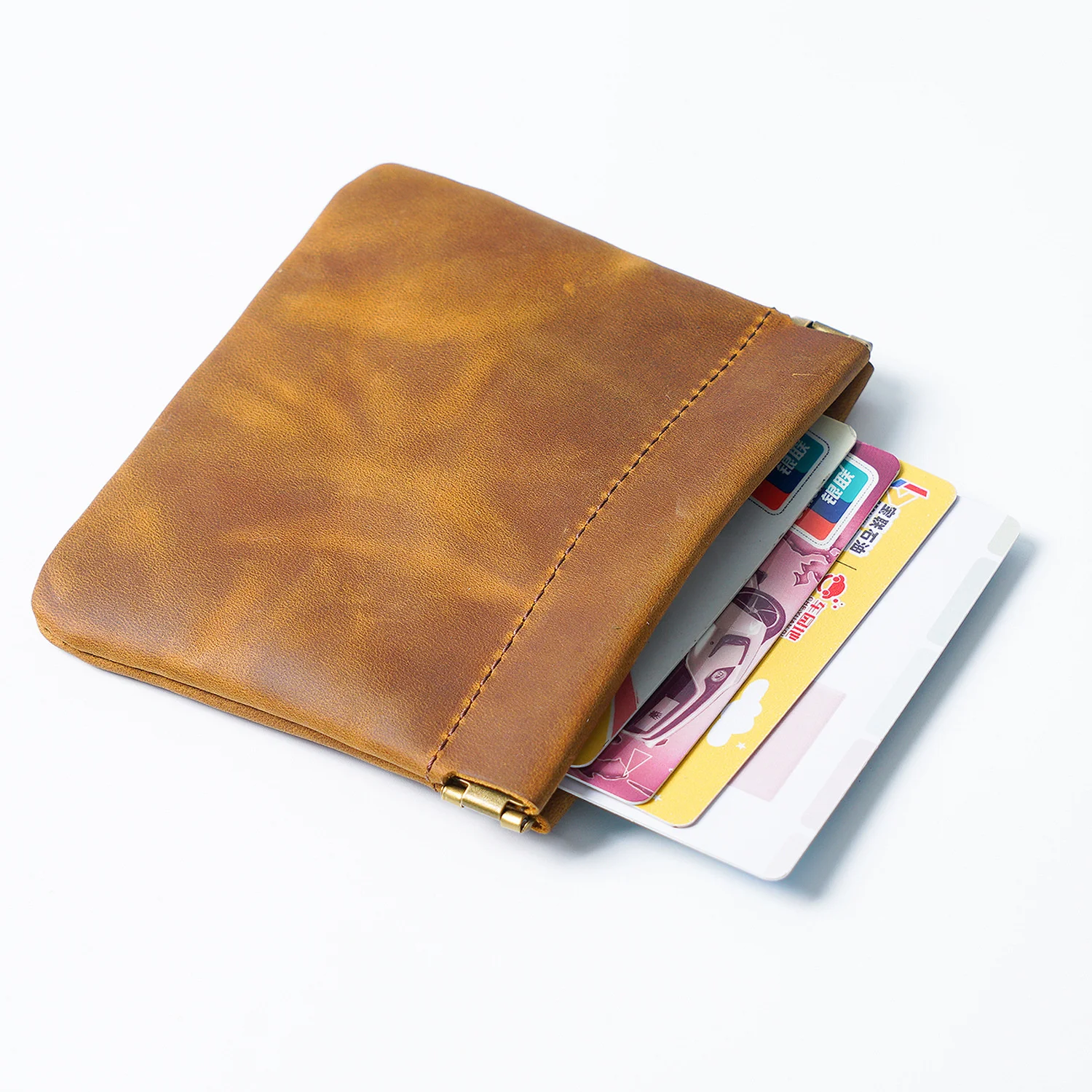 Genuine Leather Small Coin Purse Automatic Closure Card Holder Retro Storage Bag Crazy Horse Leather Key Case Wholesale