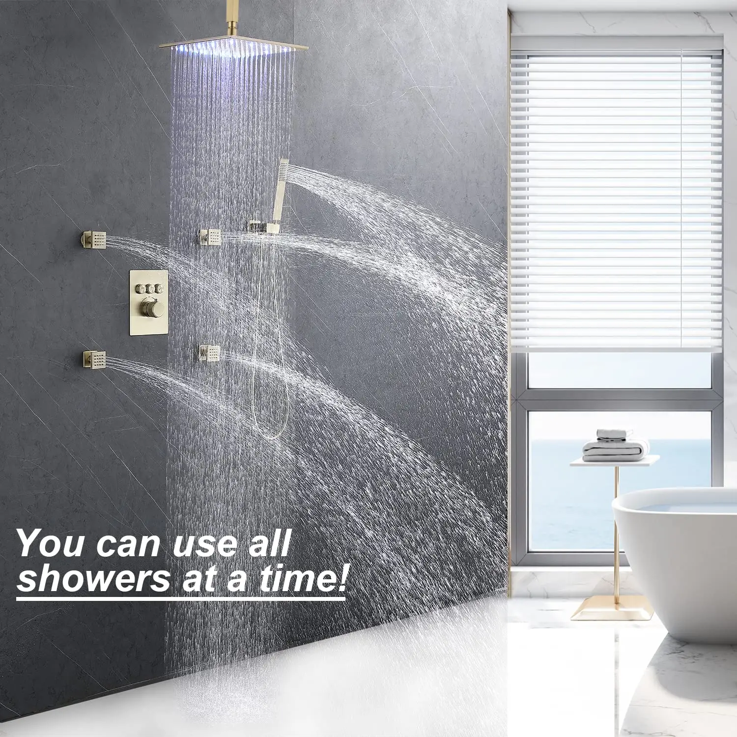 Regenduschsystem aus gebürstetem Gold, 12-Zoll-Decken-Regenduschkopf mit Körperdüsen, thermostatisches modernes Dusch-Kombi-Set