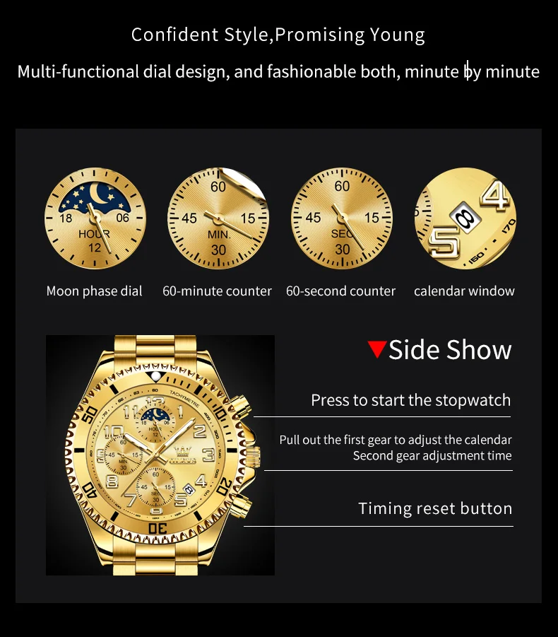 OLEVS 2926 Men\'s Watch Luxury Brand Gold Waterproof Calendar Moon Phase Chronograph Top Fashion Stainless Steel Men Quartz Watch