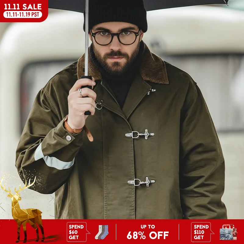 

Maden Мужское винтажное пальто с вельветовым воротником для осени темно-зеленое средняя длина свободный фасон модное пальто для улицы