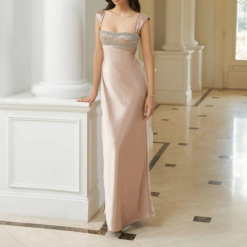 ชุดเดรสราตรีผ้าซาตินประดับคริสตัล ทรงเข้ารูป สายคล้องคอ ไม่มีแขน เอวสูง แฟชั่นใหม่สำหรับงานเลี้ยงฤดูร้อน