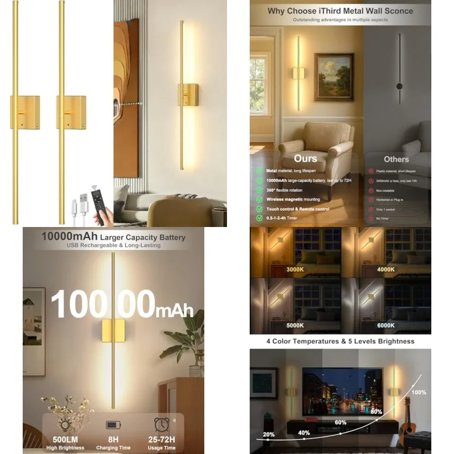

Battery Powered Wall Sconce Set of Two: Wireless Rechargeable Wall Lights with Touch and Remote Control, 360°Rotatable 4CCT Dim