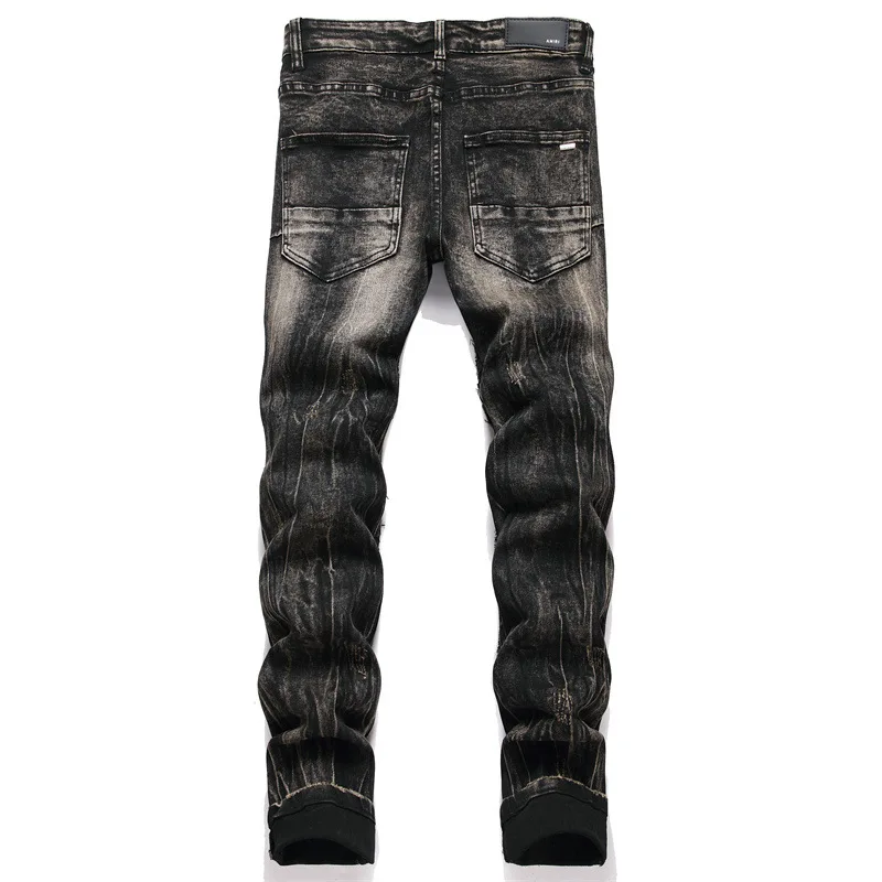 Men's Fashion Hip Hop Jeans Pants With Metal Decoration High Streetwear Denim Trousers Washed Straight Fit Cowboy Bottoms