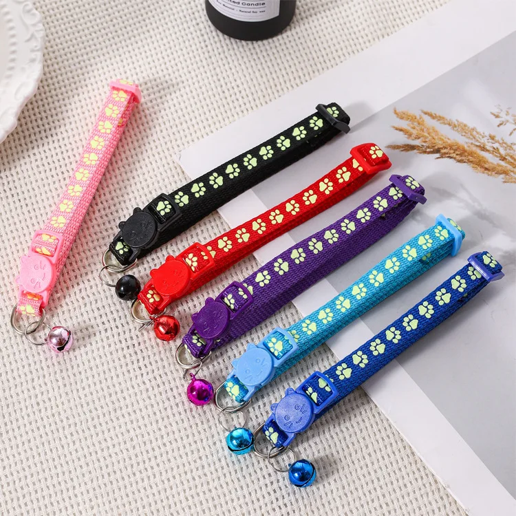 Glow in Dark Pet Collar with Bell Cartoon Paw Print Adjustable Safety Buckle Luminous Dog Cat Collar for Night Walking Necklace