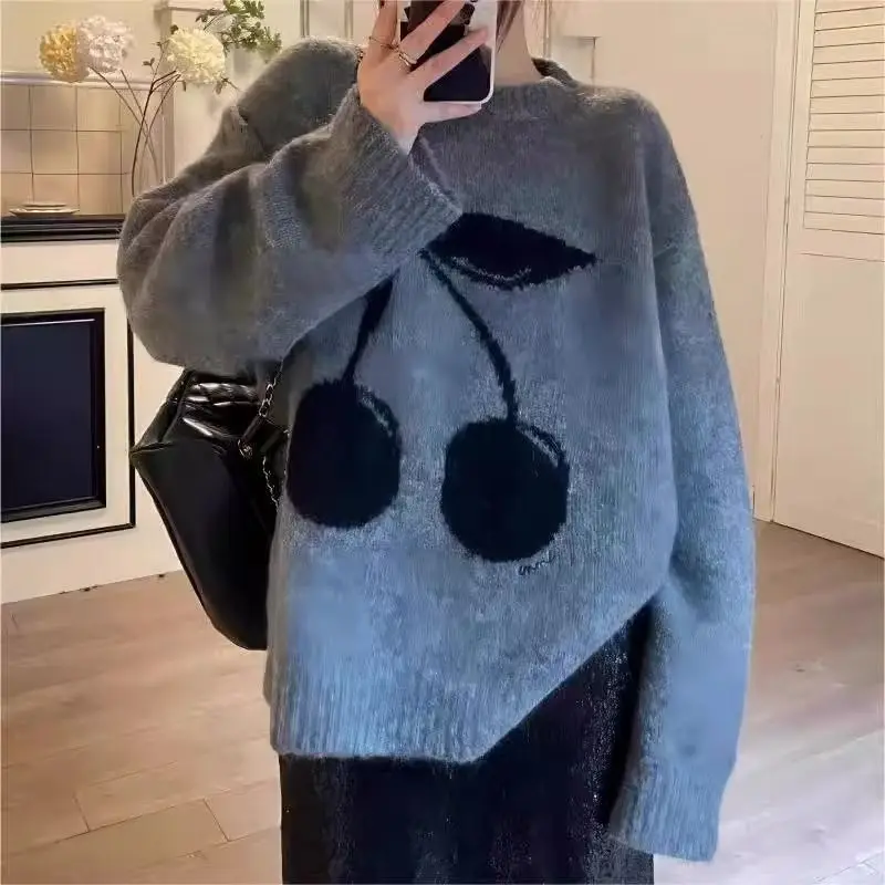 Cherry Jacquard Loose Oversized Sweater Women Pullover O Neck Knitted Sweater Korean Casual Sueter Mujer Autumn Winter Jumper