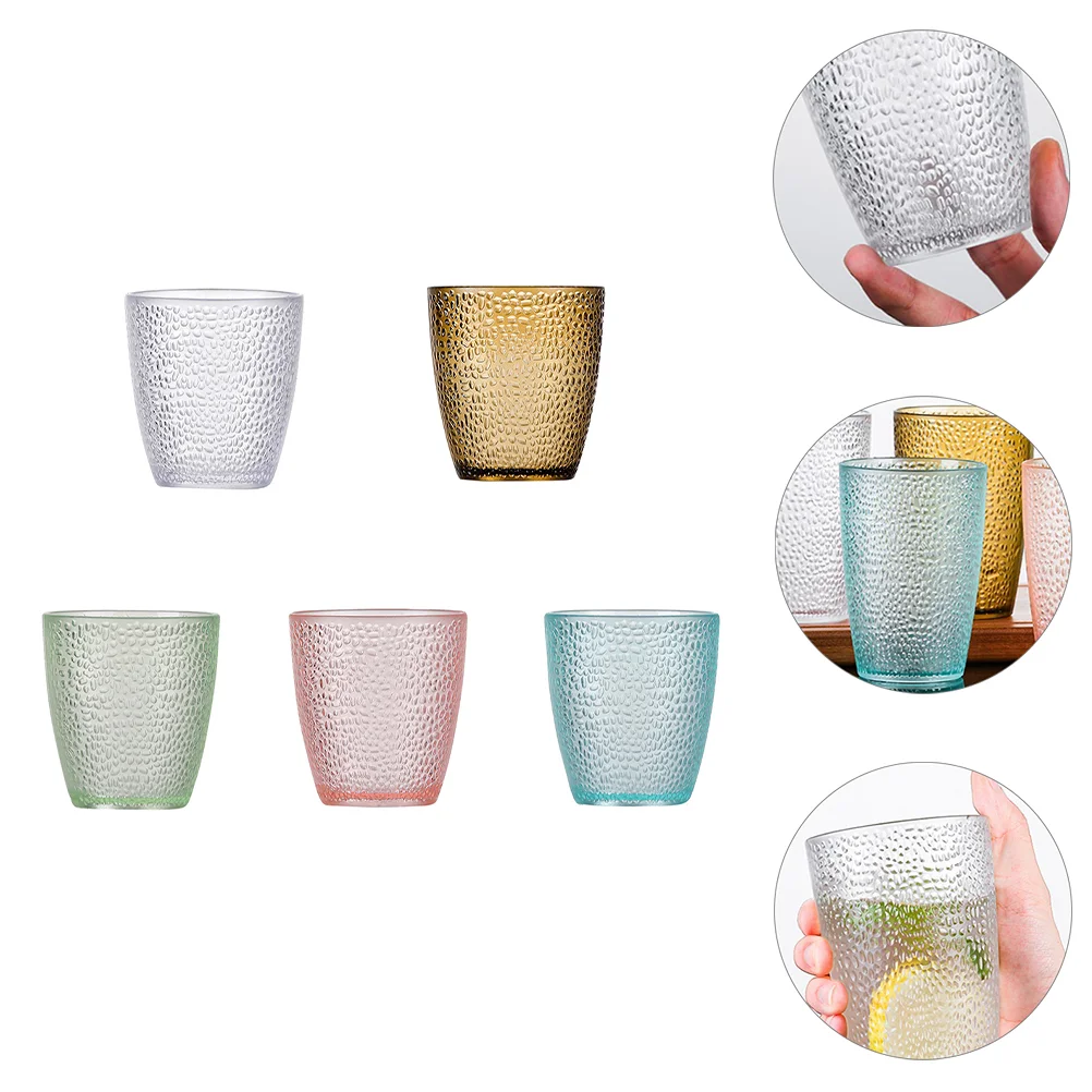 Nuobesty Acrylic Drinking Glasses Set of 5 Clear Tumbler Cups in Colorful Design for Juice, Water, Beer, Cocktails, and