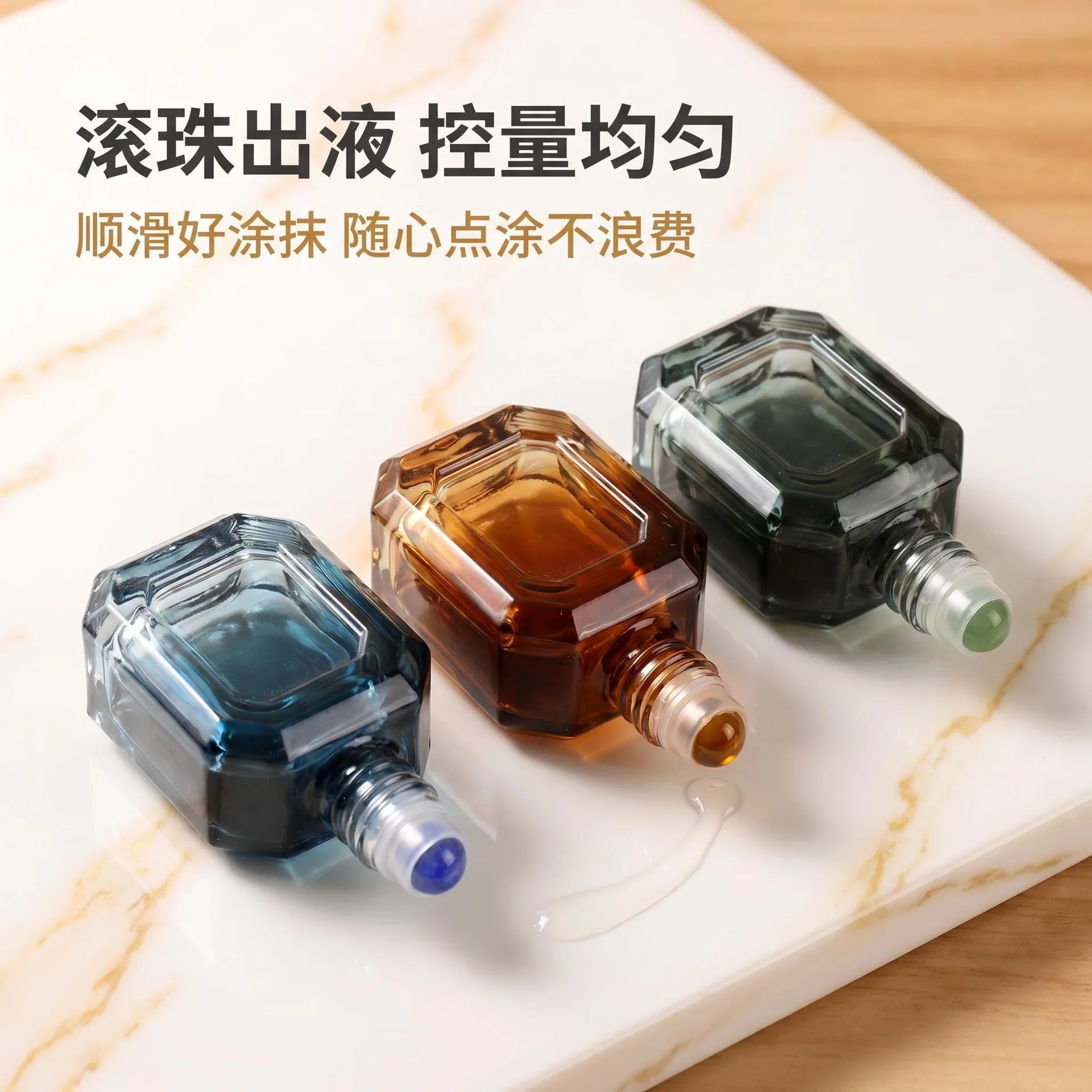 10ml Empty Octagon Glass Roller Bottle with Wooden Ball Cap Refillable Perfume Roll On Container for Essential Oil