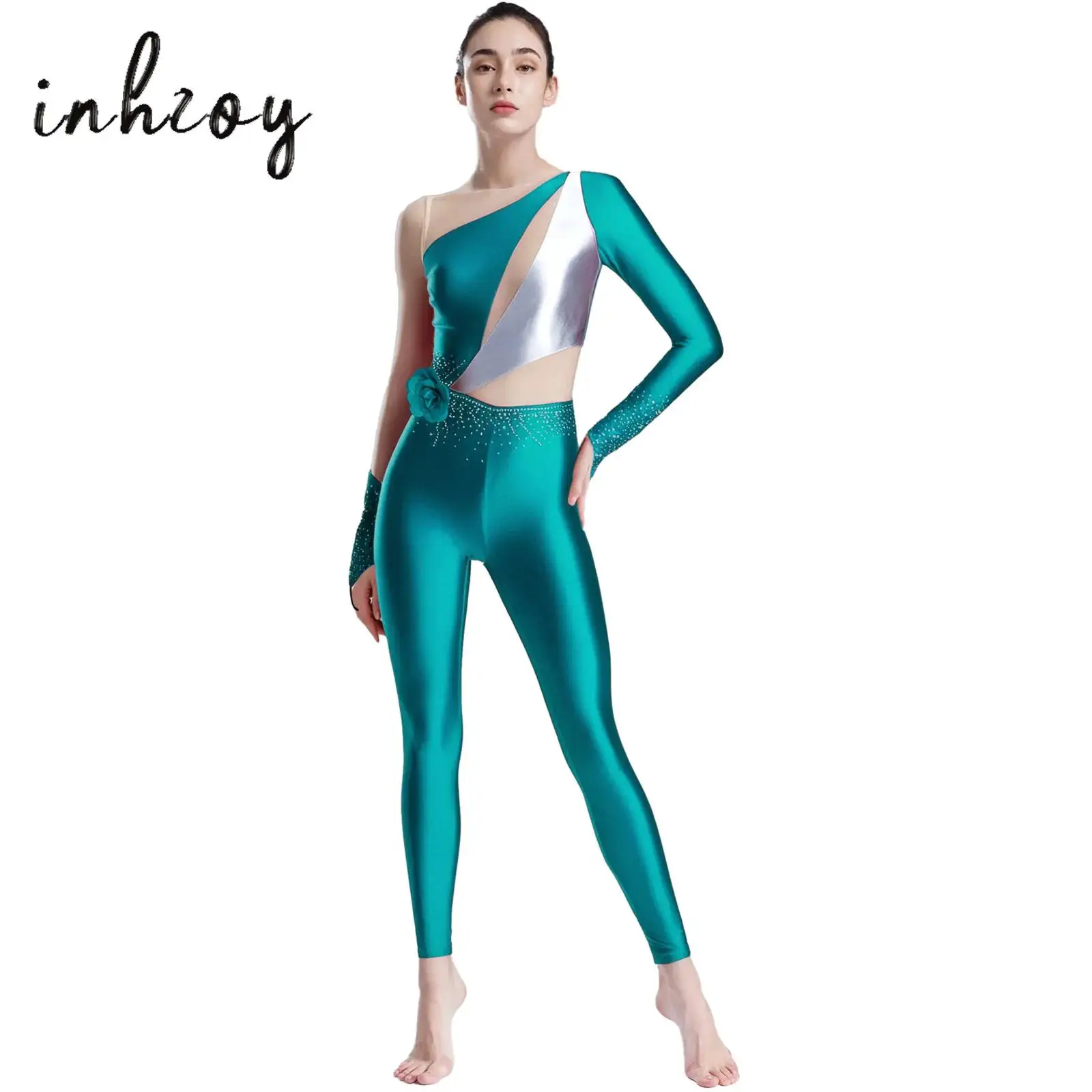 Tuta da ginnastica da pattinaggio di figura da donna Fiore 3D Strass Metallico Colore a contrasto Manica lunga Pagliaccetti slim Tuta da ballo