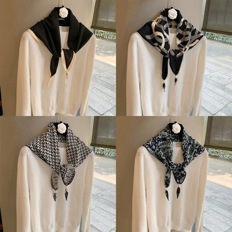 Retro Simple Scarf Temperament Scarf Personalized Bead Jacquard Triangular Scarf Fart Curtain Decoration Soft Waxy Small Shawl