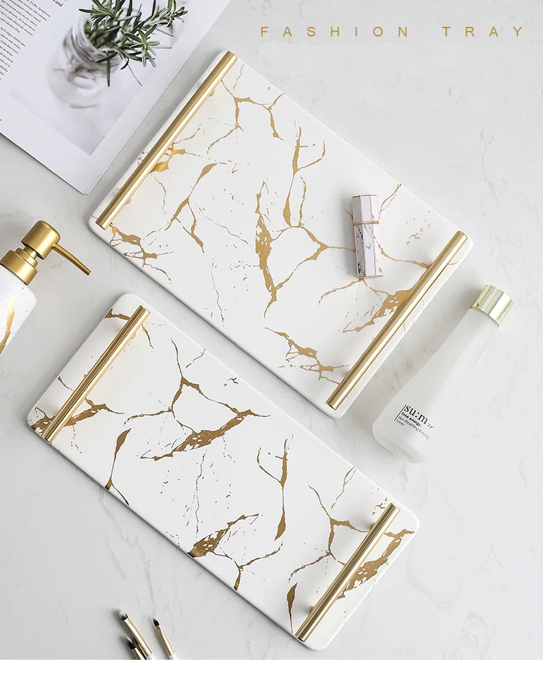 Golden Marble Texture Trays Decorative Glazed Ceramics Plates Skincare Jewellery Storage Plate Dressing Table Bathroom Tray