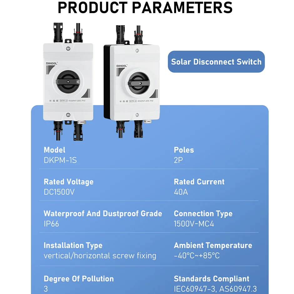 Solar Disconnect Switch DKPM PV DC Photovoltaic Isolation Switch 1500V 40A Outdoor Waterproof IP66