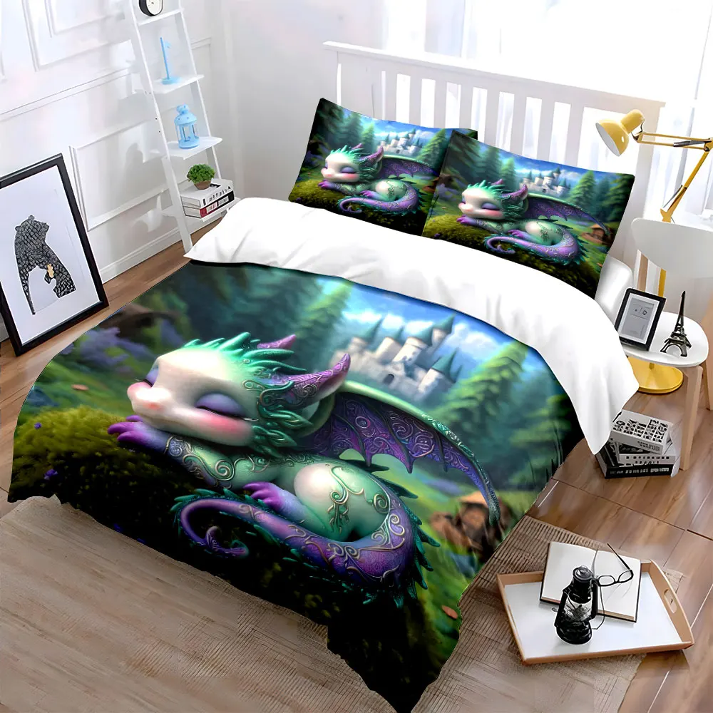 Sleeping dragon with forest castle Print Bedding Set 1 Duvet Cover 2 Pillowcases for Adult and Children Luxury Gift Full Size