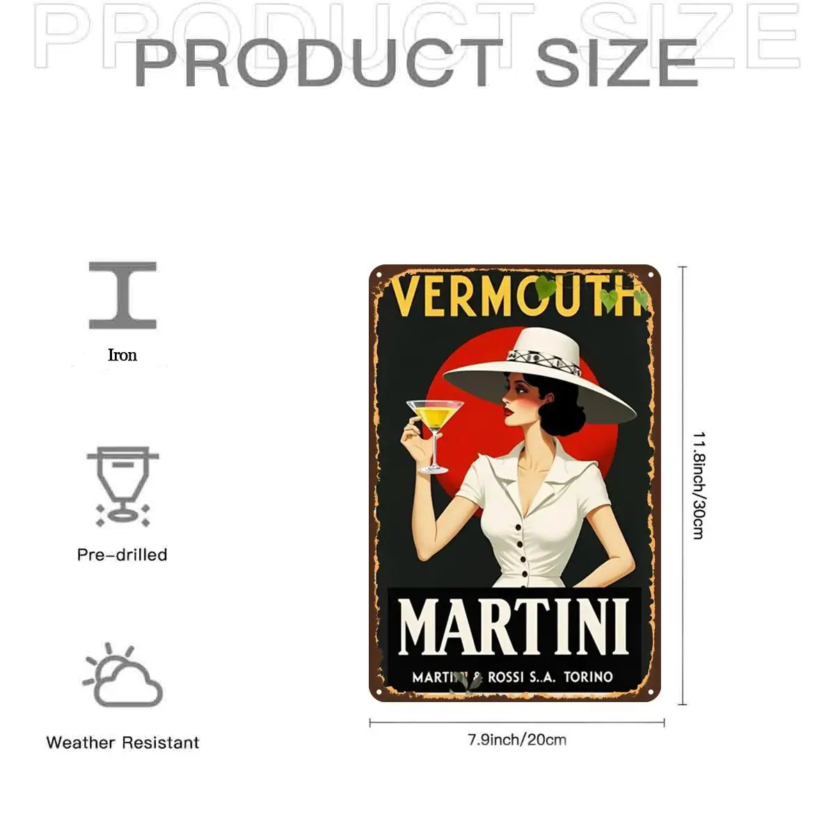 2D Flat Retro Vintage Wimt Martini Advertising Poster, Metal Tin Sign, Pre-Drilled, Perfect for Indoor, Garden, Outdoor, and Bathroom Decoration, 1 Piece