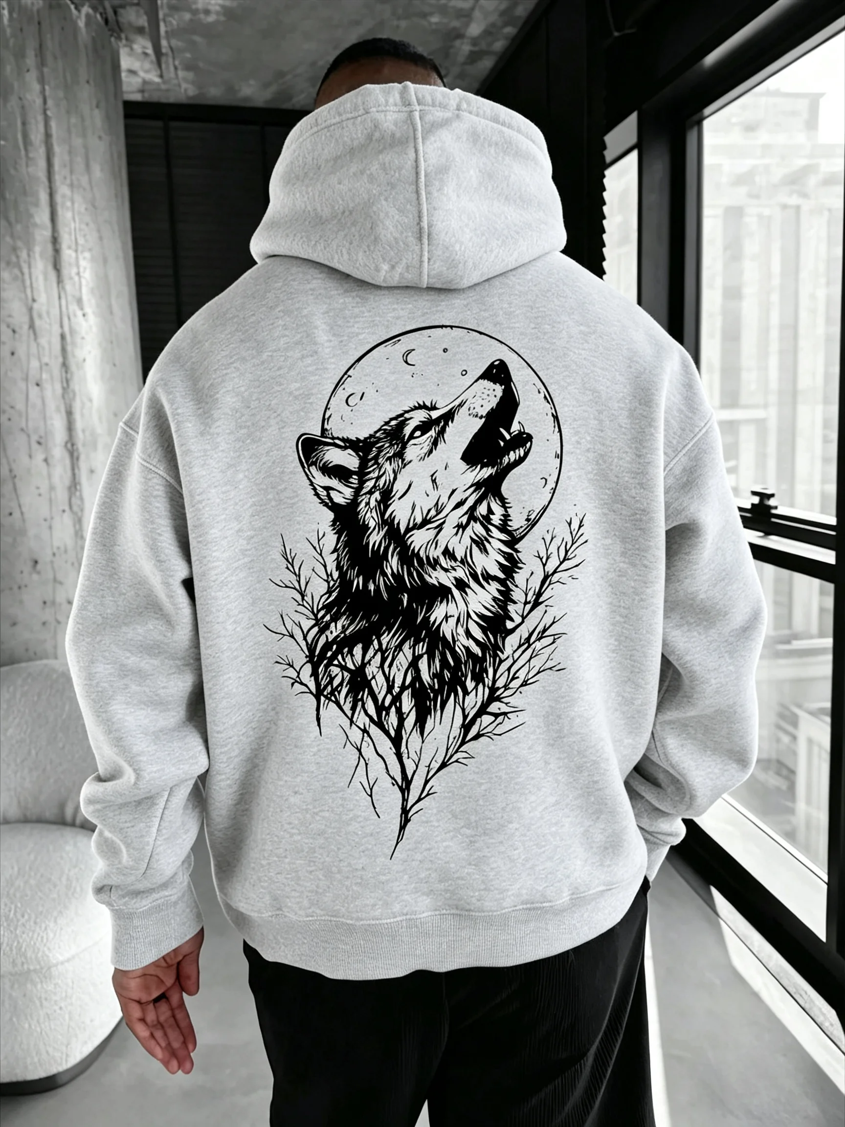 2026 Neuer Unisex Oversized Hoodie mit Wolf, Mond und Baum-Print auf der Rückseite, Streetwear für Herren und Damen, Herbst-Winter Pullover Sweatshirt