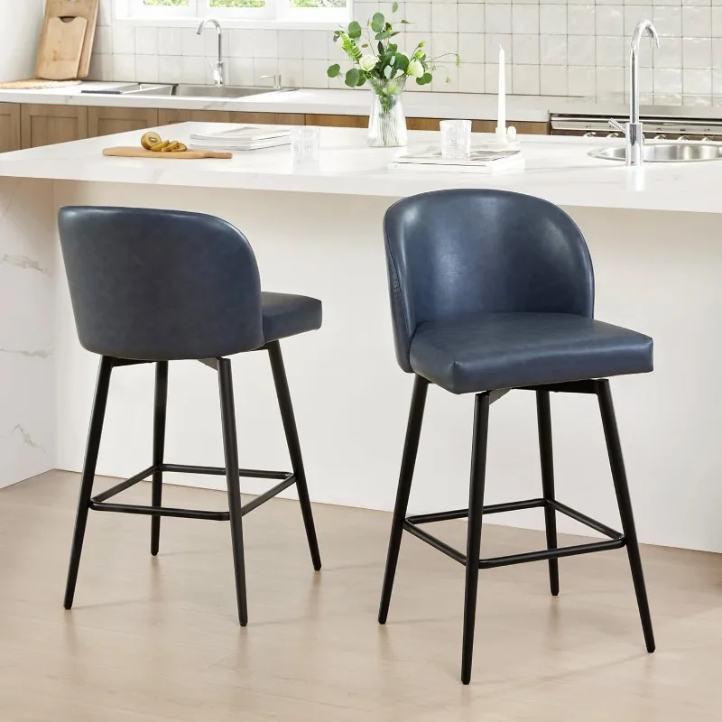 

Counter Height 360° Swivel Bar Stools Set of 2, Upholstered with Backs and Metal Legs, 26" H Seat Height, Faux Leather in Blue