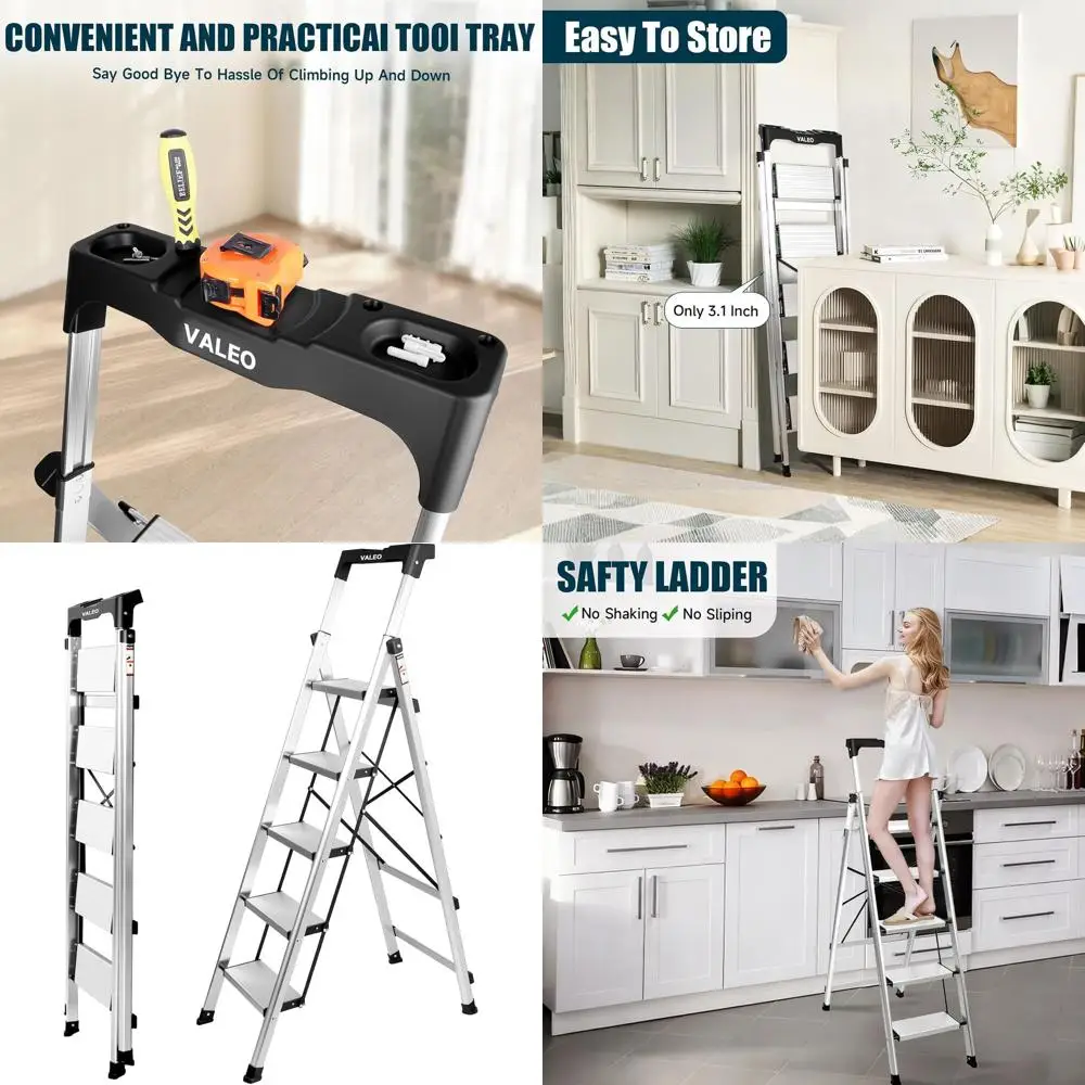 Échelle pliante en aluminium à 5 marches avec poignée, marches antidérapantes, charge de 330 lb, aide compacte pour cuisine/garage, portable, argent