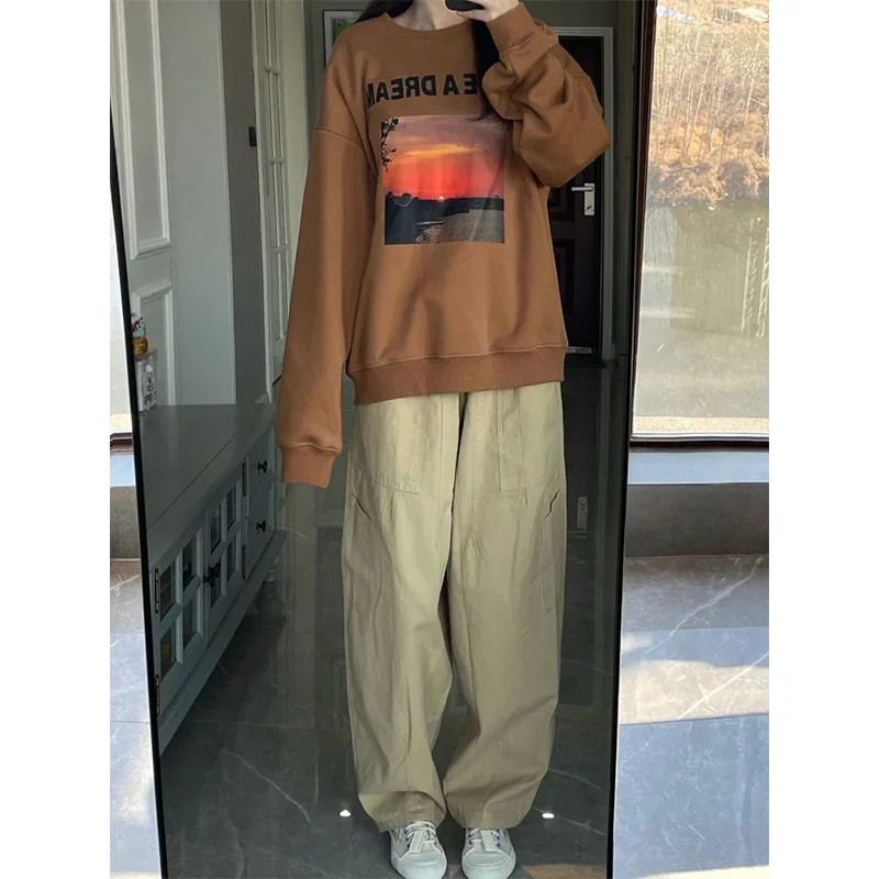 

Spring Summer High Waist Casual Cargo Trousers Womens Cotton Solar System Pockets Drawstring Loose Straight Sweatpants JJ155