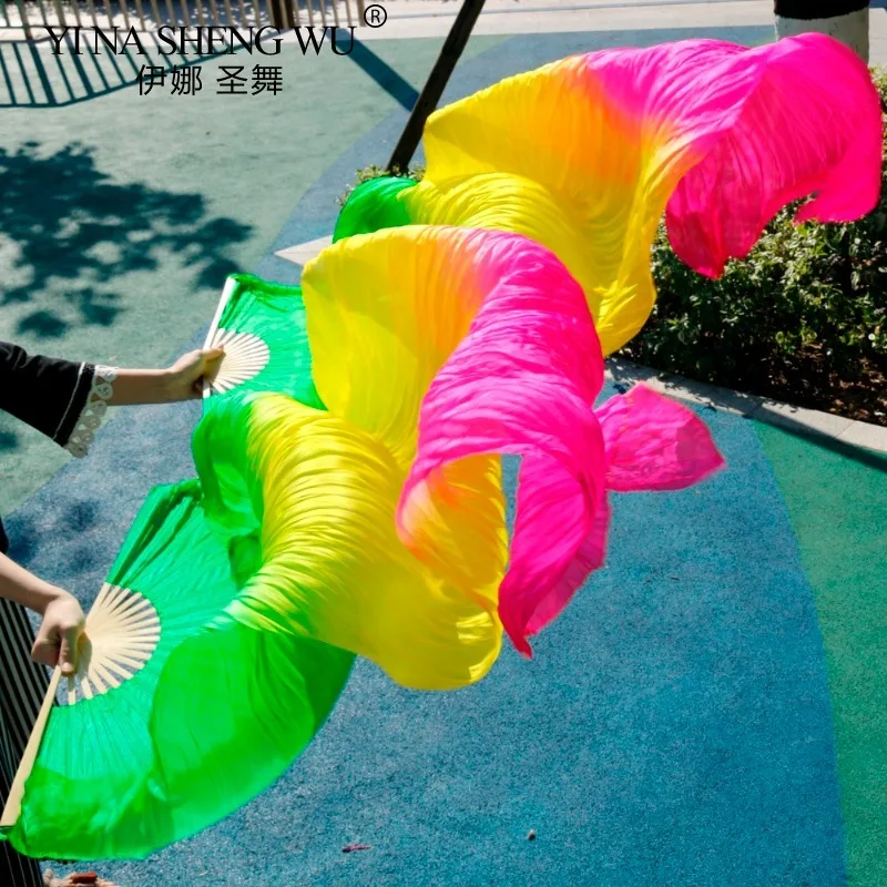 Haute vente à la main femmes qualité soie danse du ventre ventilateur danse 100% réel soie voiles 1 paire vert jaune Rose 180*90 Cm