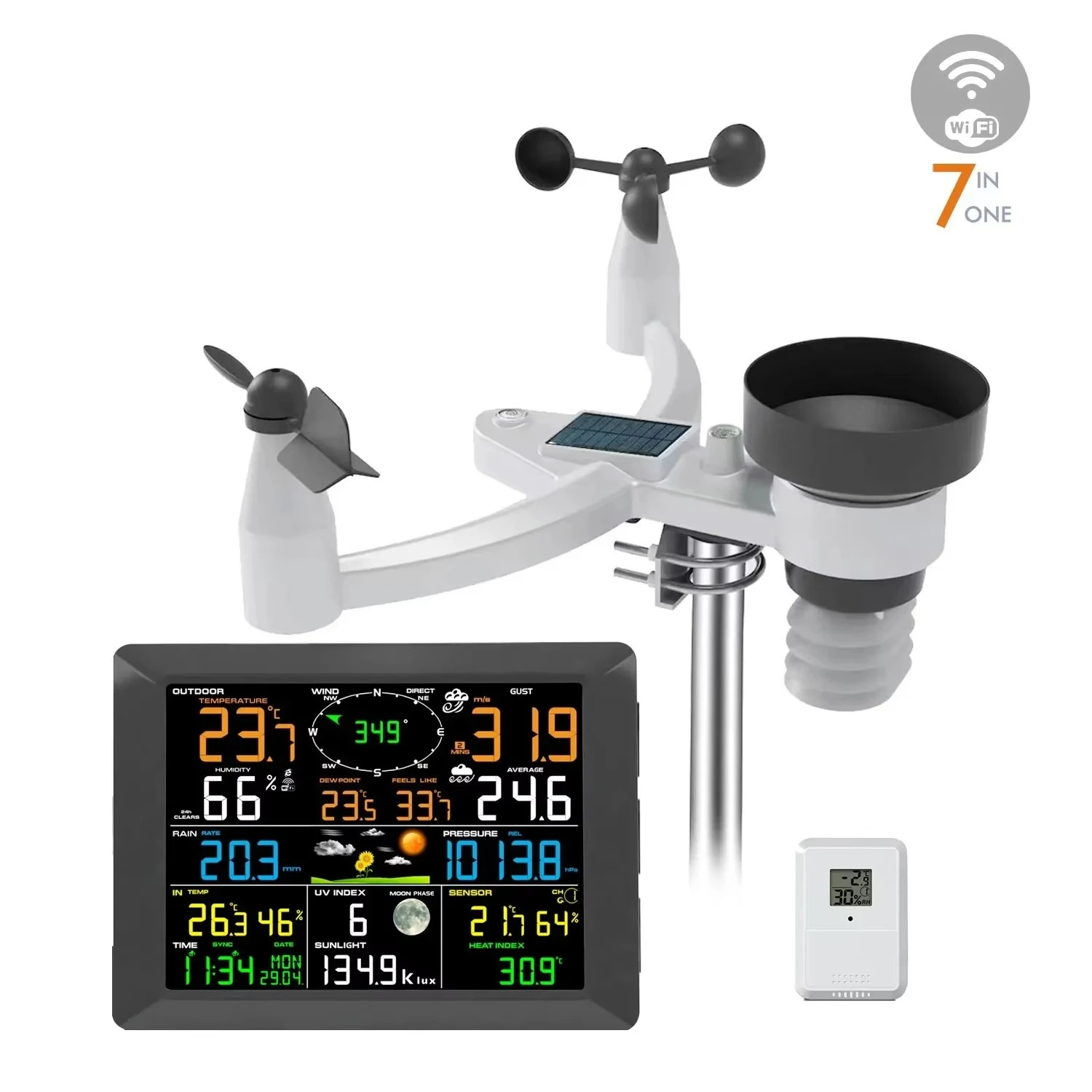 7-in-1 WiFi Solar Remote Barometer Thermometer Humidity Wireless Weather Station Anemometer With Wind Direction Speed