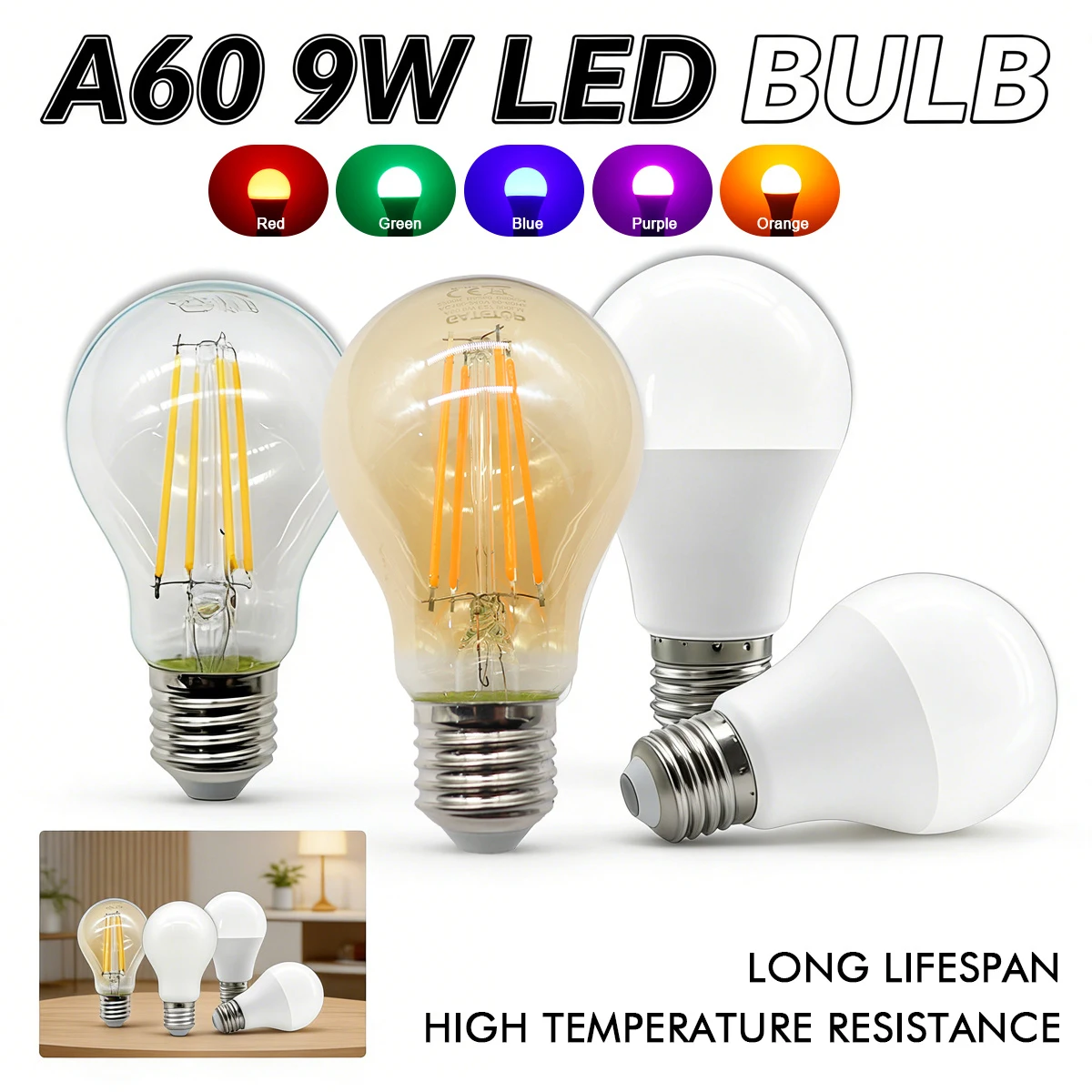 

10 шт. светодиодных ламп E27 9 Вт, 8 Вт, из поликарбоната, AC 110V/220V, дневной/теплый/холодный свет, фиолетовый, красный, для декоративного освещения