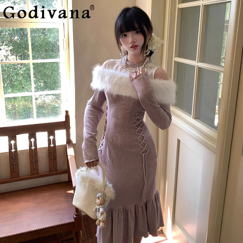 

Princess Sweet Gentle Slim Dress for Women Off Shoulder Autumn Winter Date Dress Ladies Japanese Style Lolita Sweet Dress