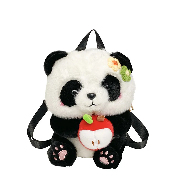 Cute Panda Flowered Plush Backpack Lightweight Travel Bag Women's Cartoon Money Apple Stuffed Animal Pack Small Travel Backpack