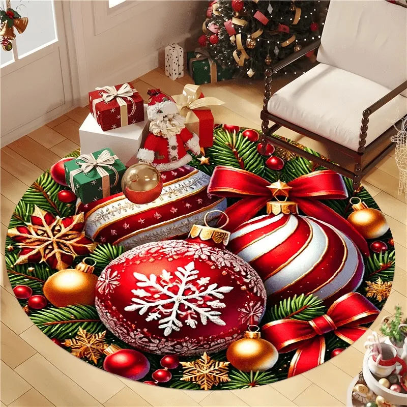 xmas Round Rug Large Xmas Bauble Gift Box Snowflake Print Soft Floor Mat Home Decor for Living Room Bedroom Holiday Party
